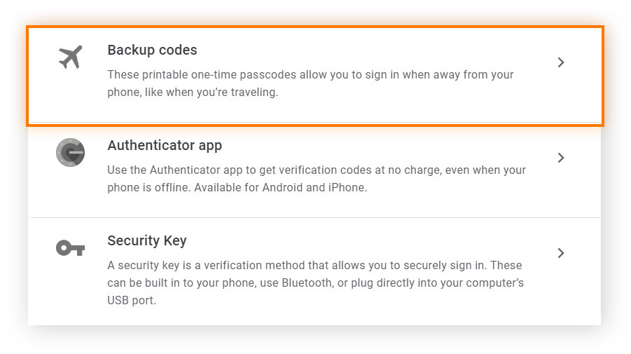 Google 帐户双重验证部分的安全选项