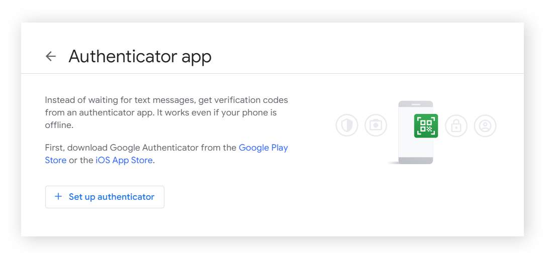 Google 帐户中的验证器应用设置画面